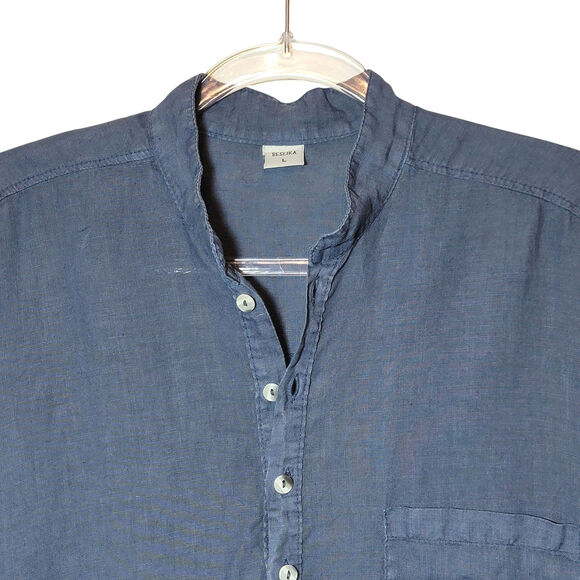 Beslika Blue Chambray Linen Tunic Top Short Sleeve Classic Minimalist Casual L - Picture 2 of 11